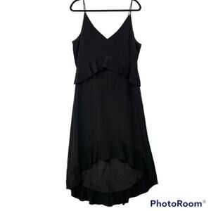 Halston Black Dress Large High Low Poplin Spaghetti Strap Semi Formal Gown